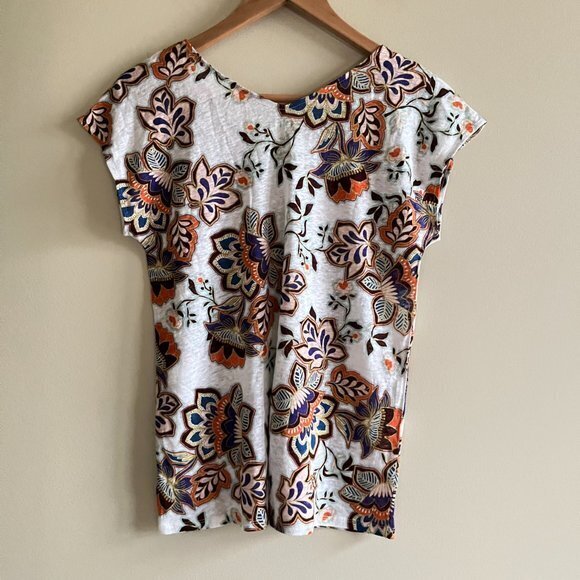 LOFT ANN TAYLOR 100% LINEN DOUBLE V NECK WOMENS SIZE XS FLORAL PRINT SHORT SLV - Picture 5 of 5